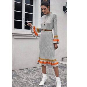 Beautiful Flounce Sleeve Striped Trim Sweater Dress Without Belt size 6